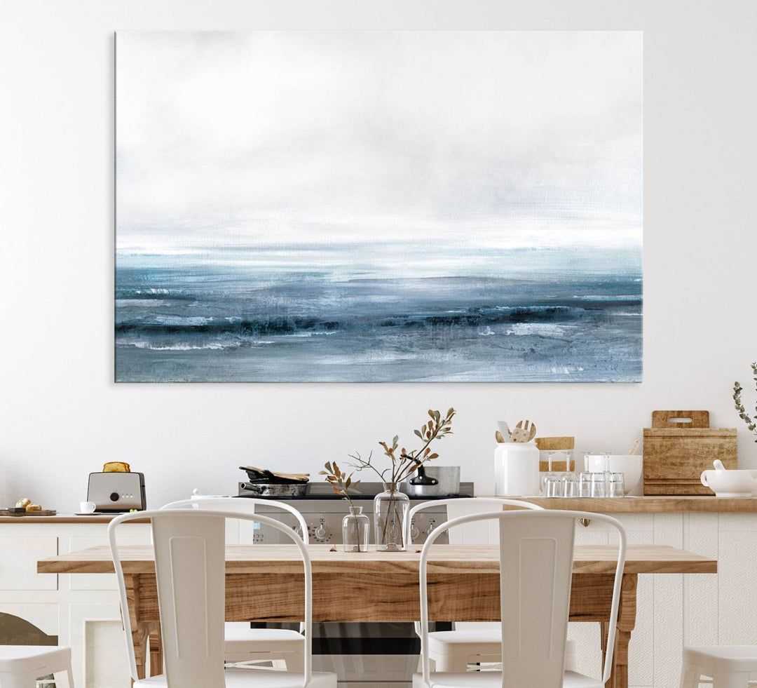 The dining area features Blue Ocean Abstract Artwork on canvas.