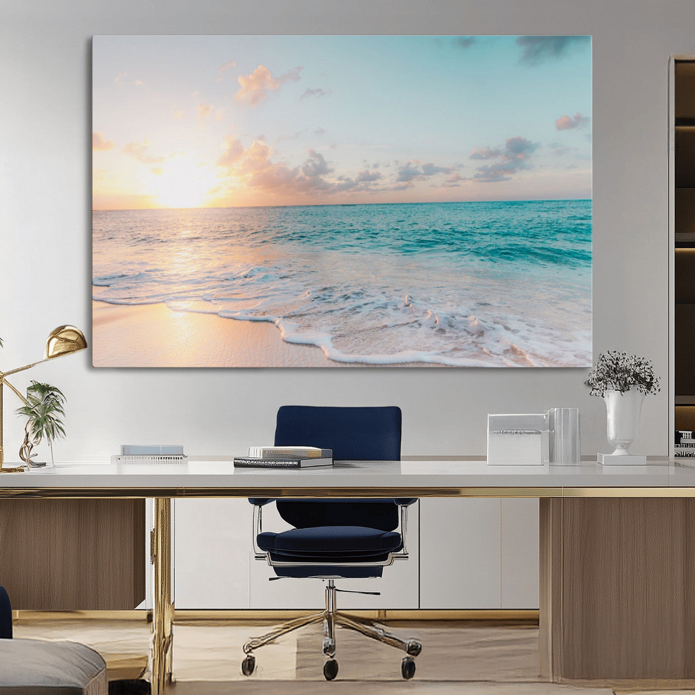 MGV-CV-36X24 - Tranquil Ocean Beach Sunset Canvas Wall Art | 3-Panel Coastal Decor
