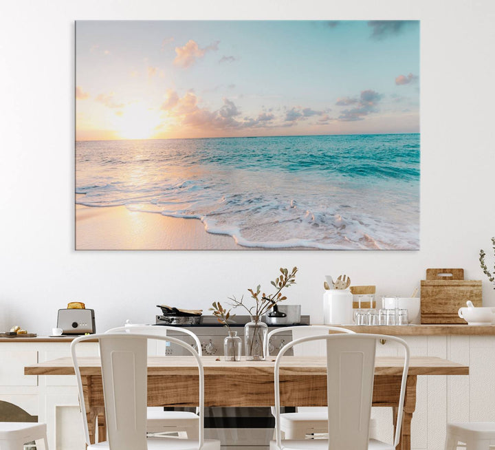 The room features a 3-panel Tranquil Ocean Beach Sunset Canvas Wall Art.