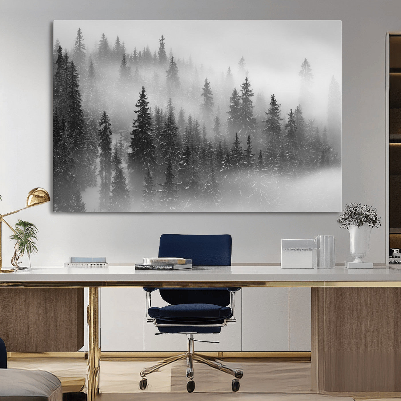 MGV-CV-36X24 - Black and White Forest Wall Art Print – Misty Pine Tree Canvas Print – Winter Woodland Nature Artwork – Perfect for Minimalist Home Decor
