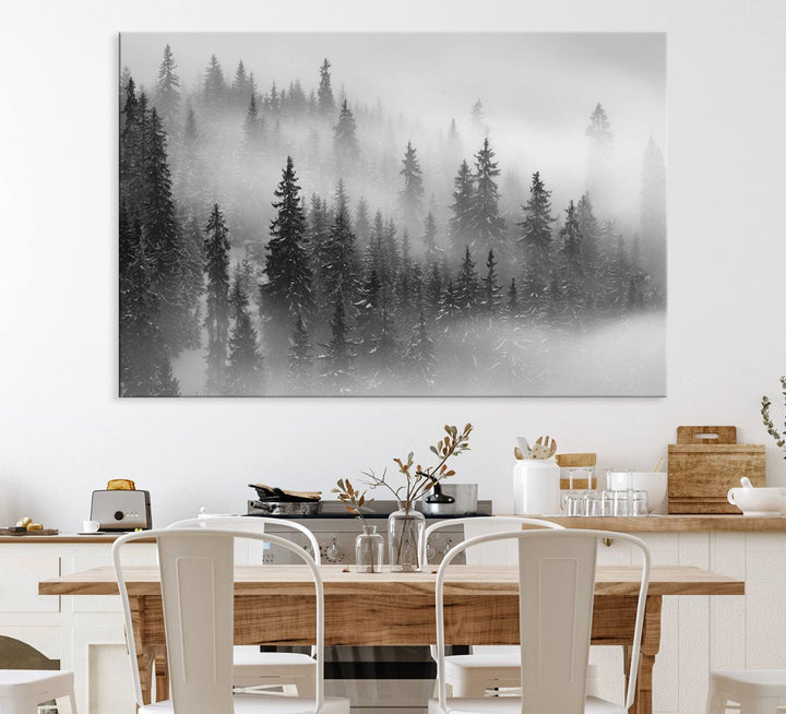 A stunning Foggy Misty Forest Canvas Wall Art adorns the kitchen wall.