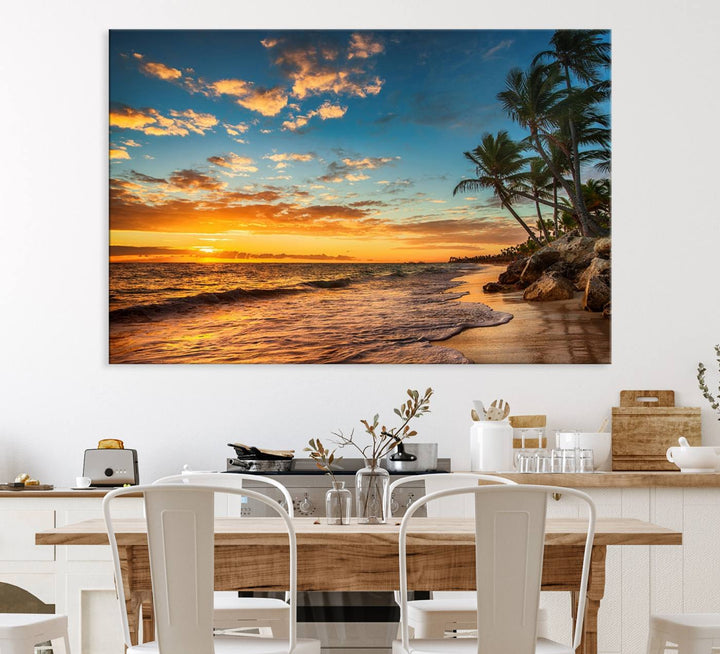 A stunning beach sunset on a museum-quality Sunset Wall Art Canvas Print adorns the kitchen wall.