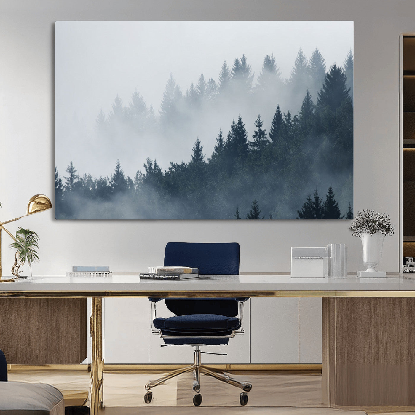 MGV-CV-36X24 - Misty Forest Wall Art Print – Foggy Pine Tree Canvas Print – Dark Woodland Nature Artwork – Perfect for Minimalist and Modern Home Decor