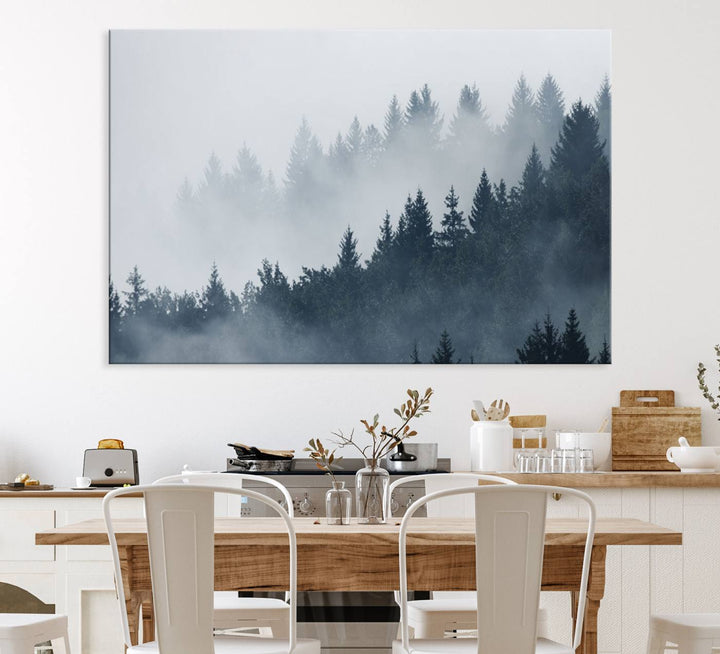 A large Foggy Pine Forest Wall Art Canvas Print.