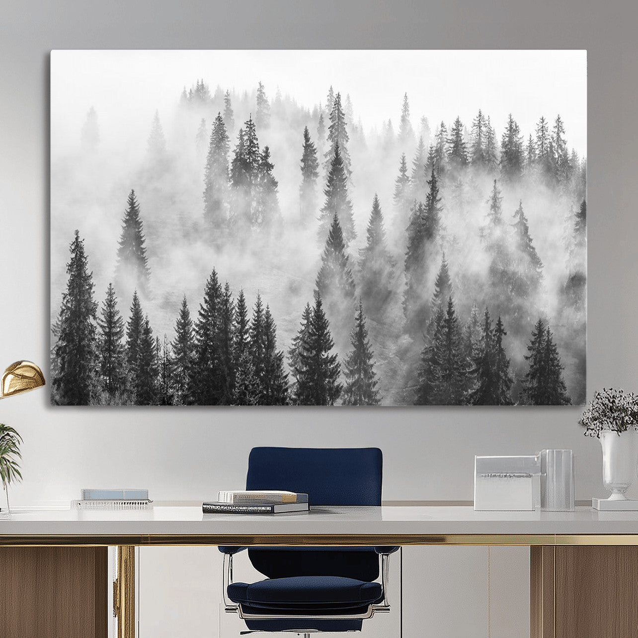 10422-MGV-CV-36X24 - Forest Wall Art Print | Foggy Pine Forest Canvas Wall Art - Black and White Nature Decor for Living