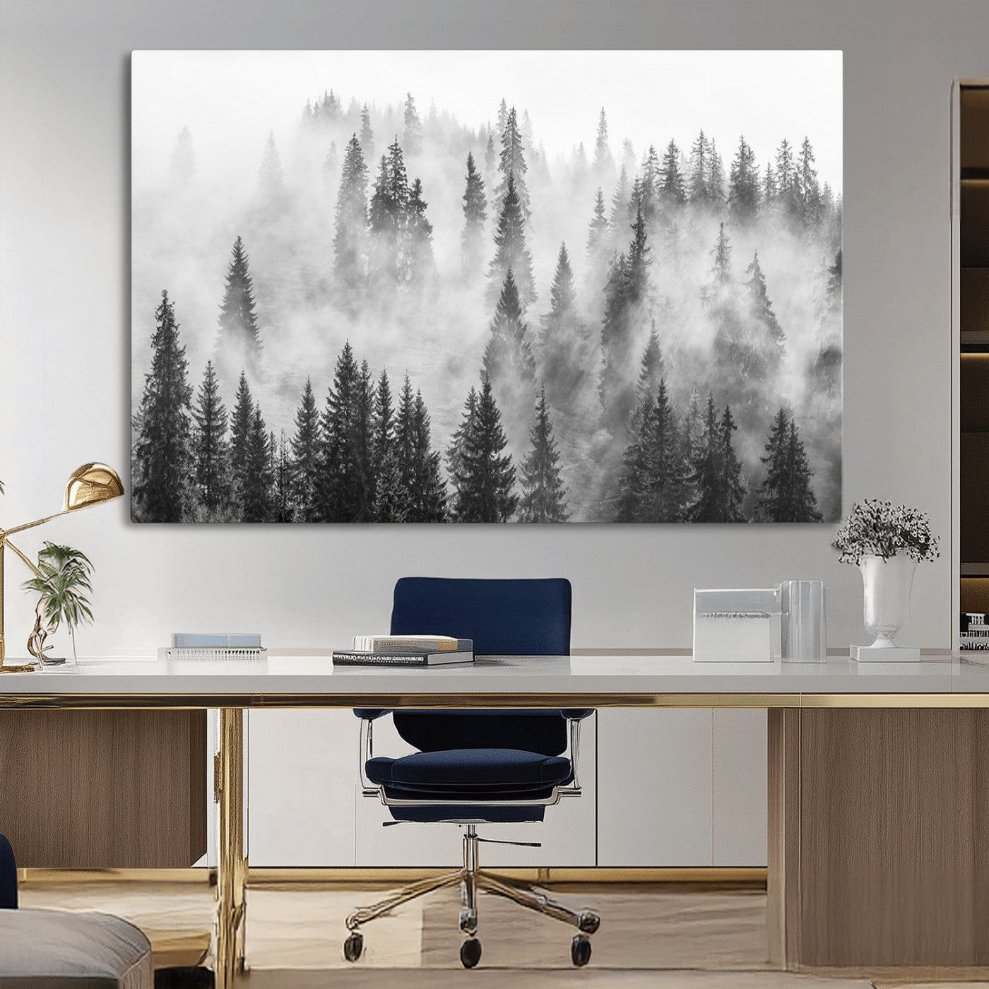 MGV-CV-36X24 - Forest Wall Art Print | Foggy Pine Forest Canvas Wall Art - Black and White Nature-Inspired Decor for Living Room, Modern Forest Landscape Print, Ready to Hang