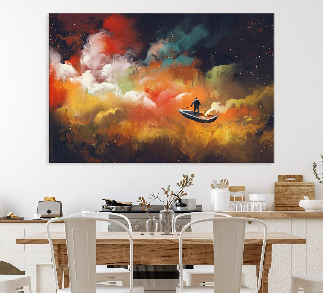 Surreal Space Adventure Canvas Wall Art features a person in a boat.