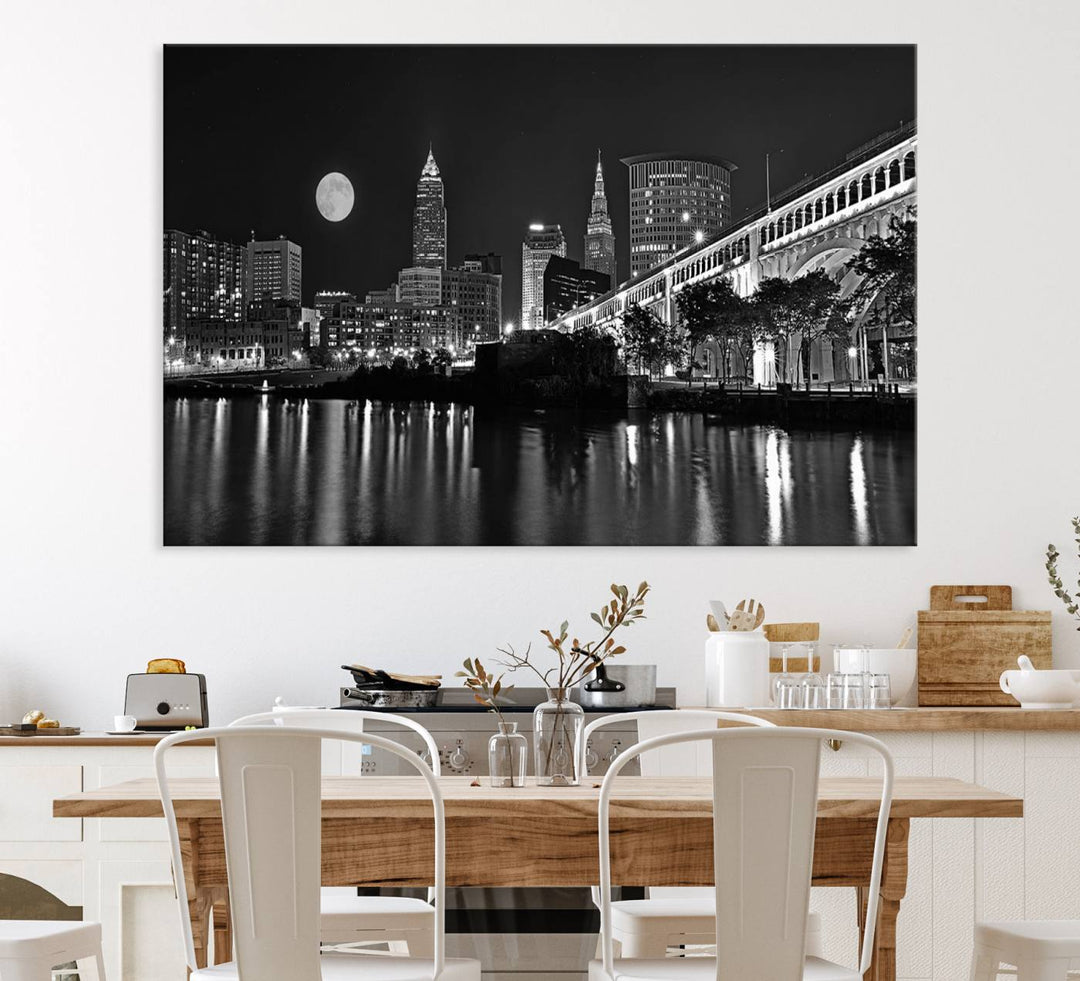 Cleveland Night Skyline Canvas Print: A museum-quality piece, ready to hang, featuring a stunning full moon and its reflections below.