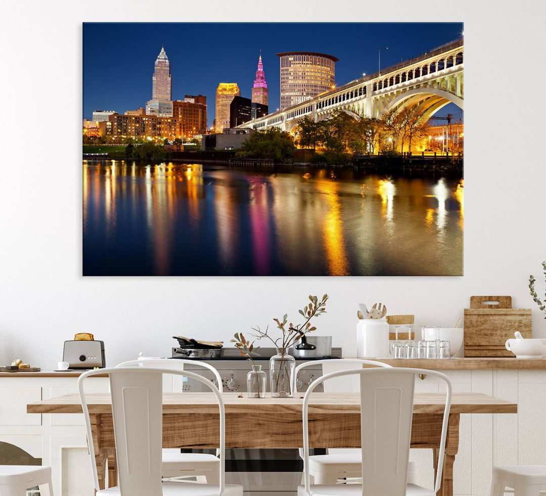 Cleveland Night Skyline Canvas: Cityscape with an illuminated bridge reflecting on calm water.