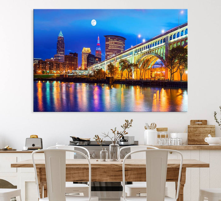 A Cleveland Night Skyline Wall Art on museum-quality canvas showcases a bridge and illuminated buildings.