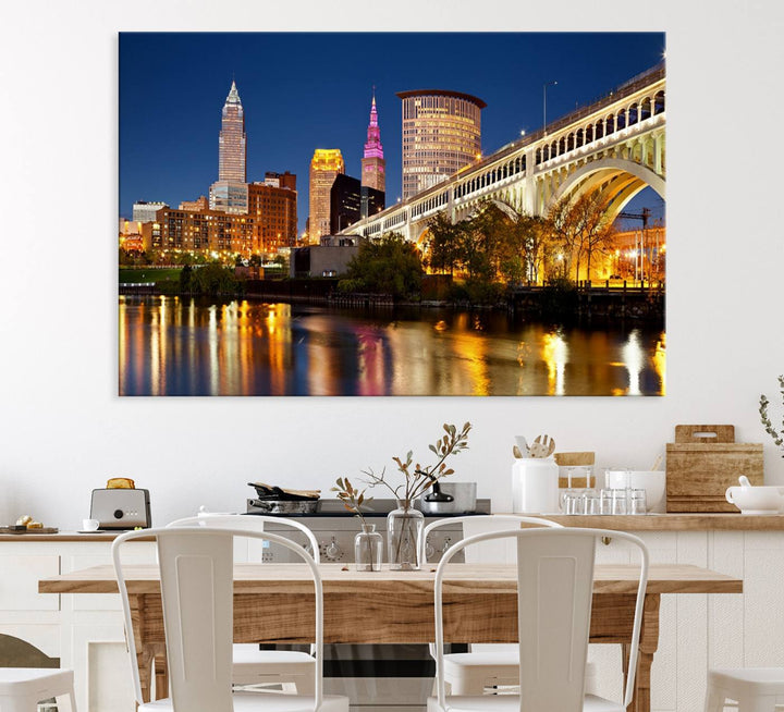 The Cleveland City Lights Canvas showcases a lit-up bridge and cityscape at night.