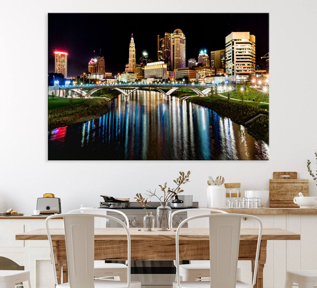 The Columbus City Lights Night Skyline Wall Art Canvas Print adorns the wall.