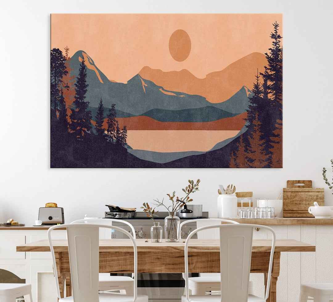 The Modern Boho Sunset Triptych displays a mountain sunset.