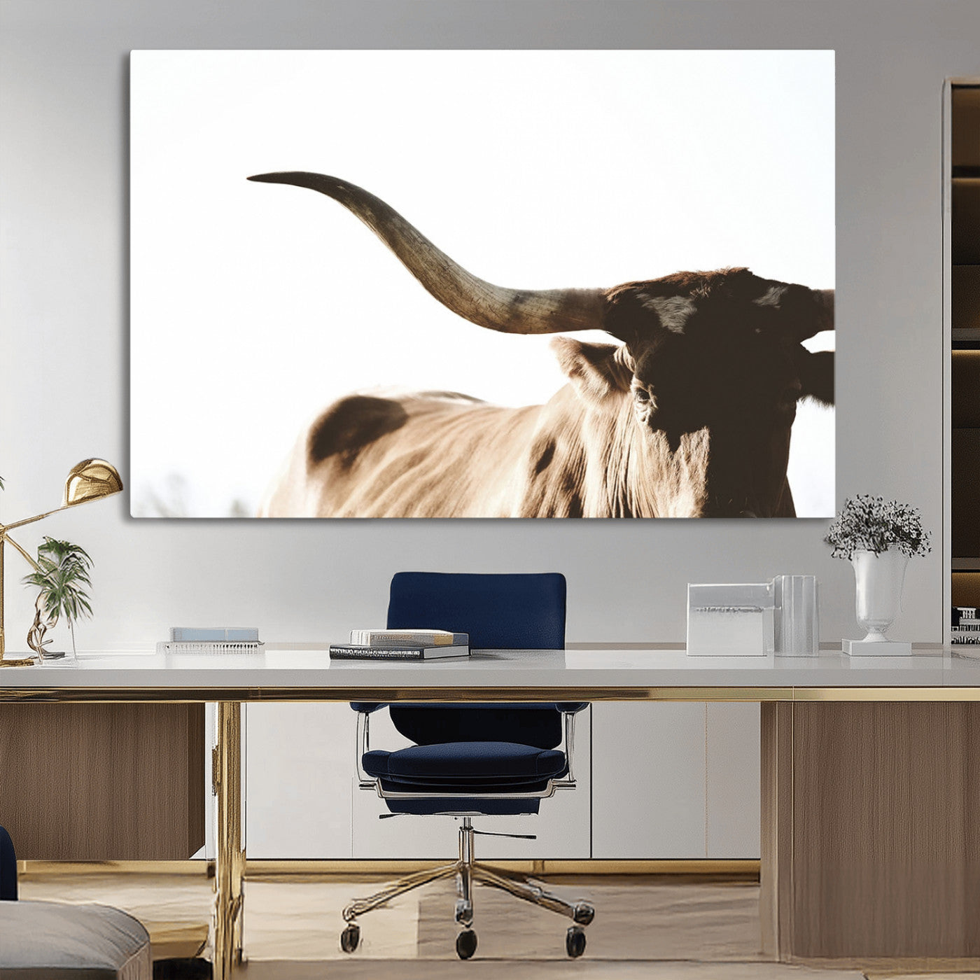 MGV-CV-36X24 - Texas Longhorn Wall Art Canvas Print | 3-Panel Large Longhorn Canvas Print for Living Room, Framed Gallery Wrap Office, Rustic Western Cowboy Decor
