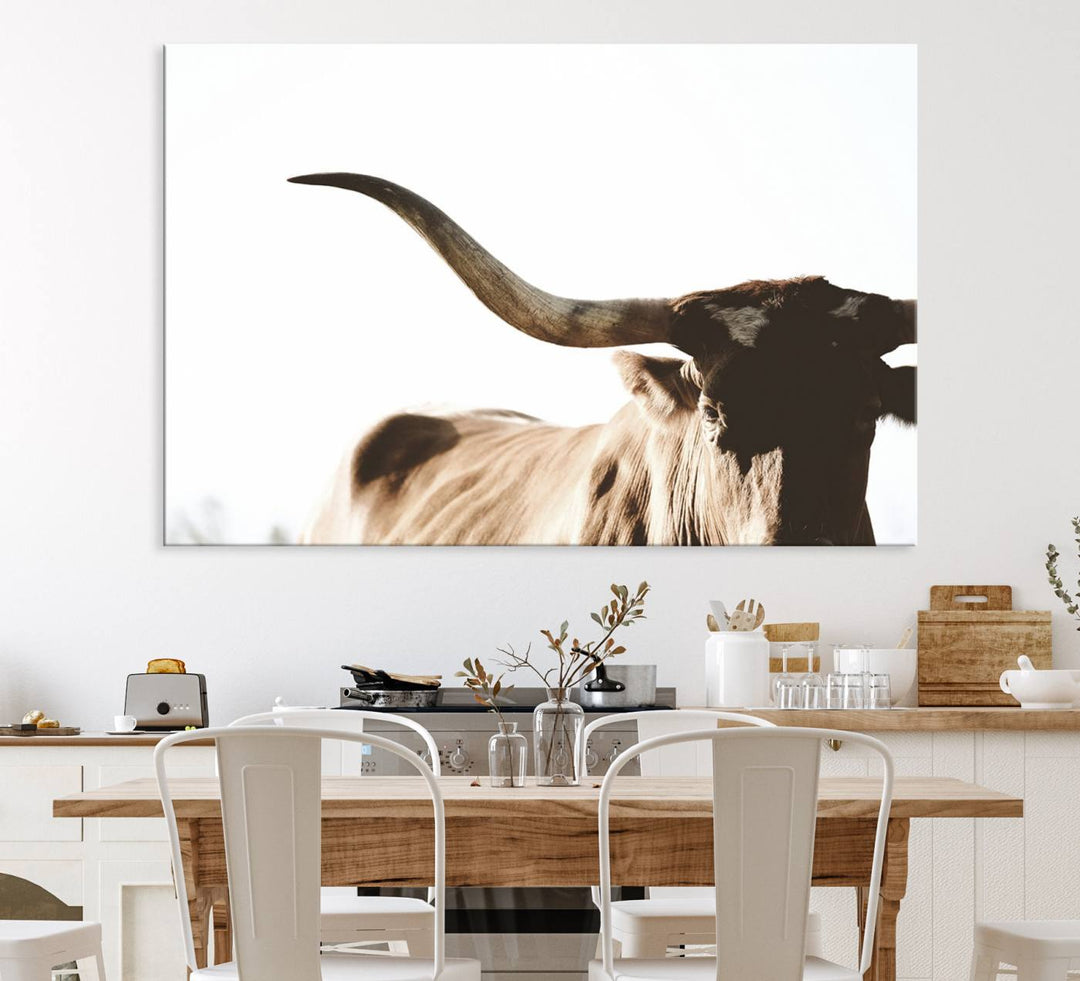 A 3-panel Texas Longhorn canvas adds a touch of rustic Western decor.