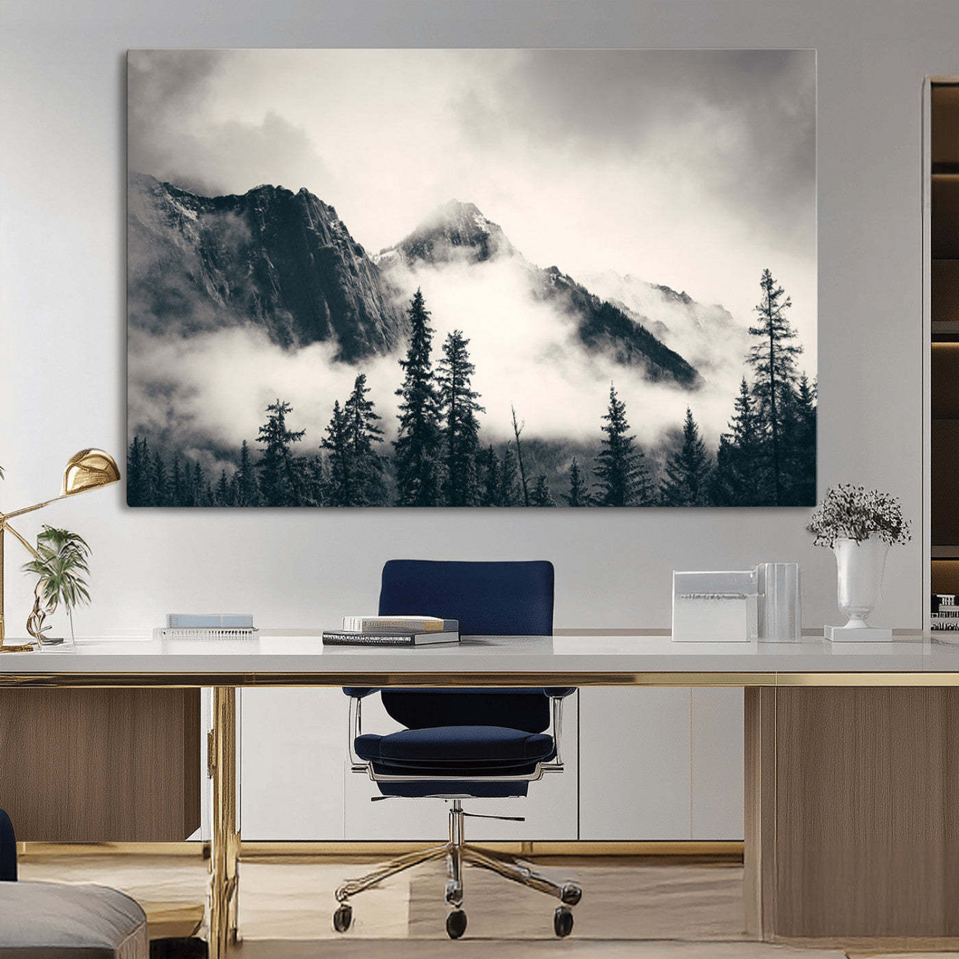 MGV-CV-36X24 - Forest Mountain Print - Black and White Canvas Wall Art with Misty Forest Design for Elegant and