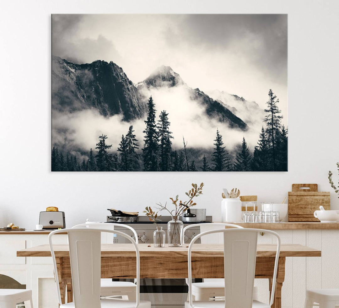 A large foggy mountain forest canvas print hangs prominently in the room.