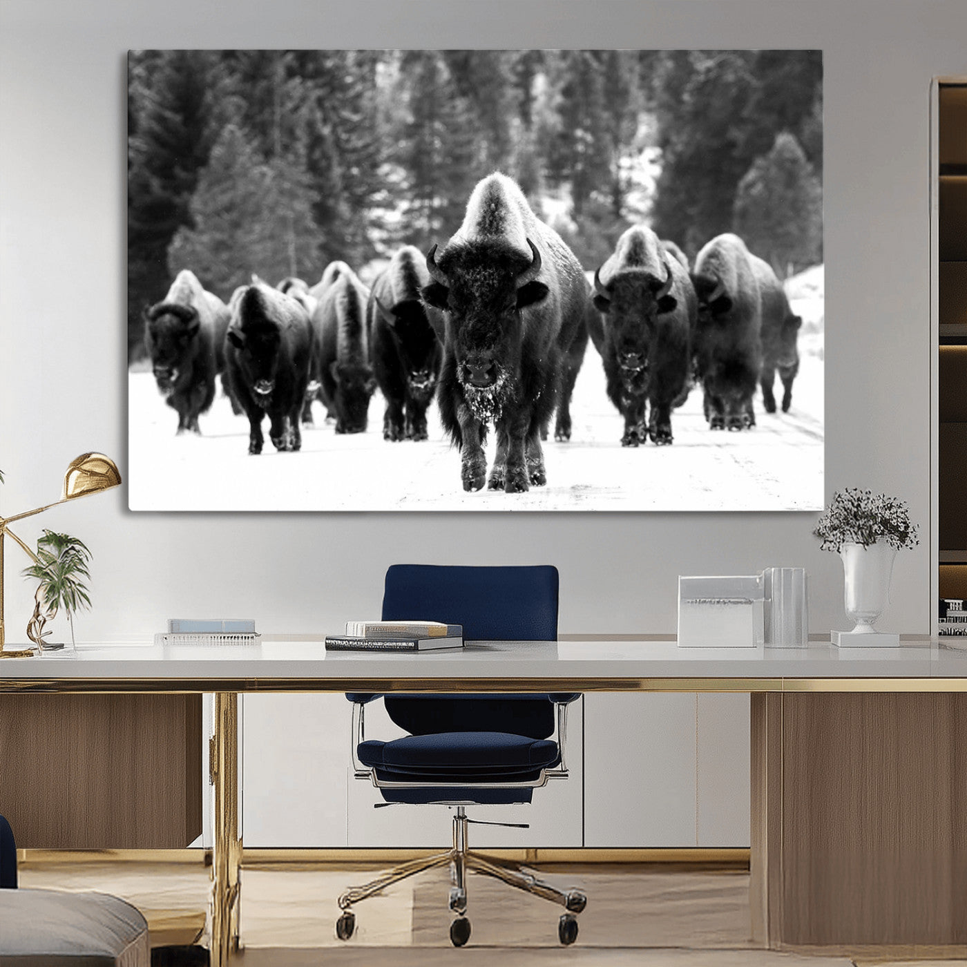 MGV-CV-36X24 - Bison Herd in Snow Wall Art Canvas Print | Rustic Western Bison Wall Art for Decor for Living Room, Office, and Farmhouse Decor | Framed Large Bison Giclee Canvas Print