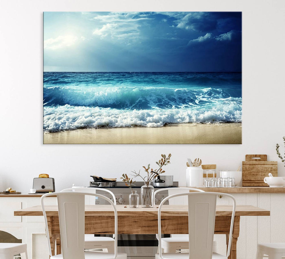 The Majestic Ocean Wave Wall Art Canvas, a 3-panel seascape print, is featured prominently.