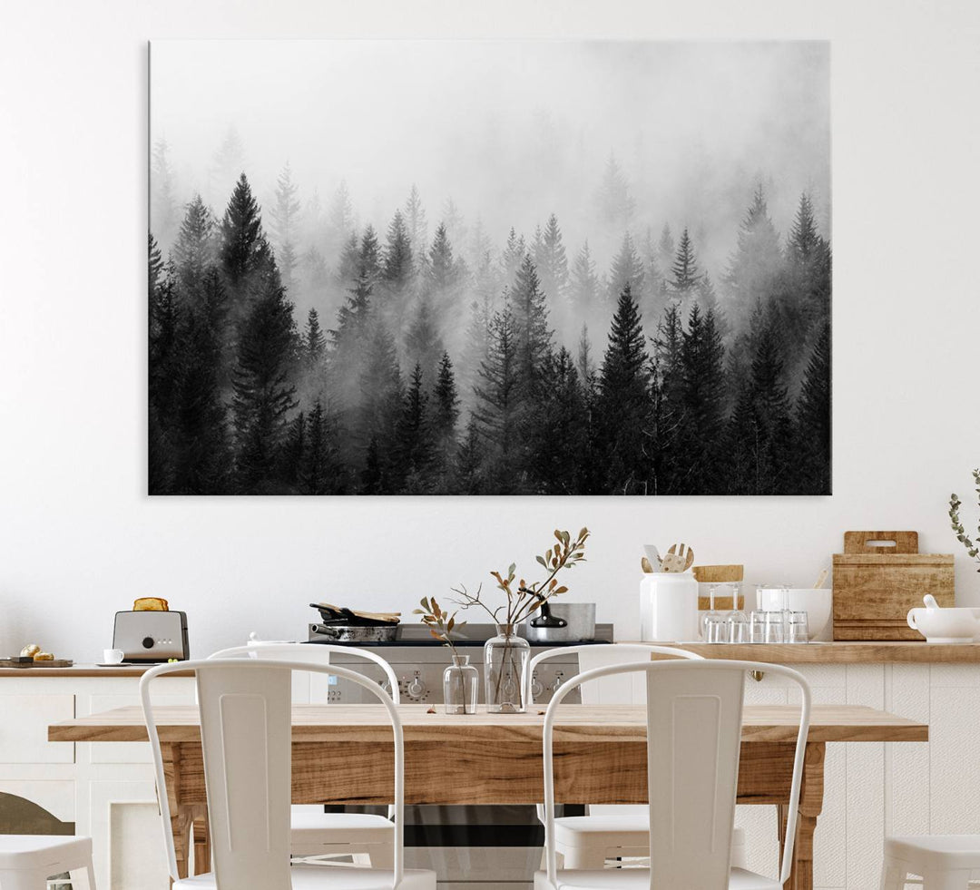 Fogy Forest Canvas Art features misty pines and a mountain landscape.