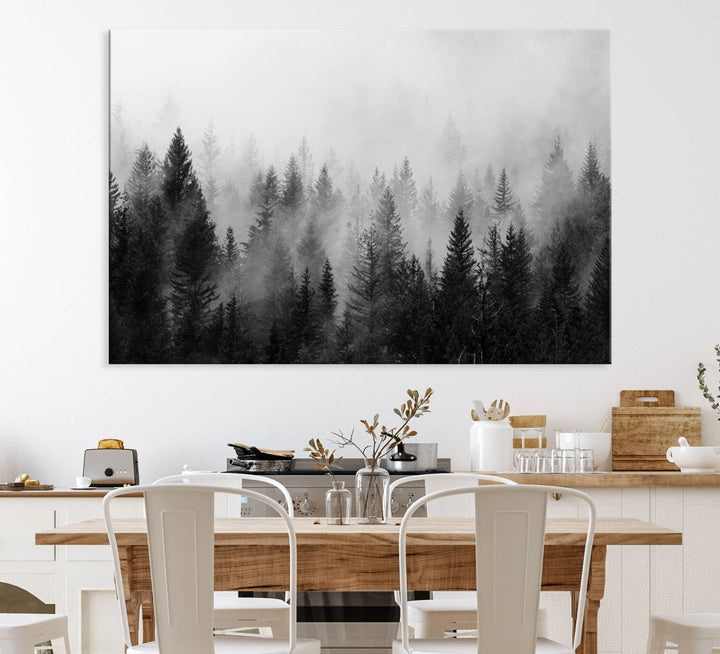 Black and white canvas art depicts a misty pine forest, offering a dense landscape that appeals to nature and woodland art lovers.