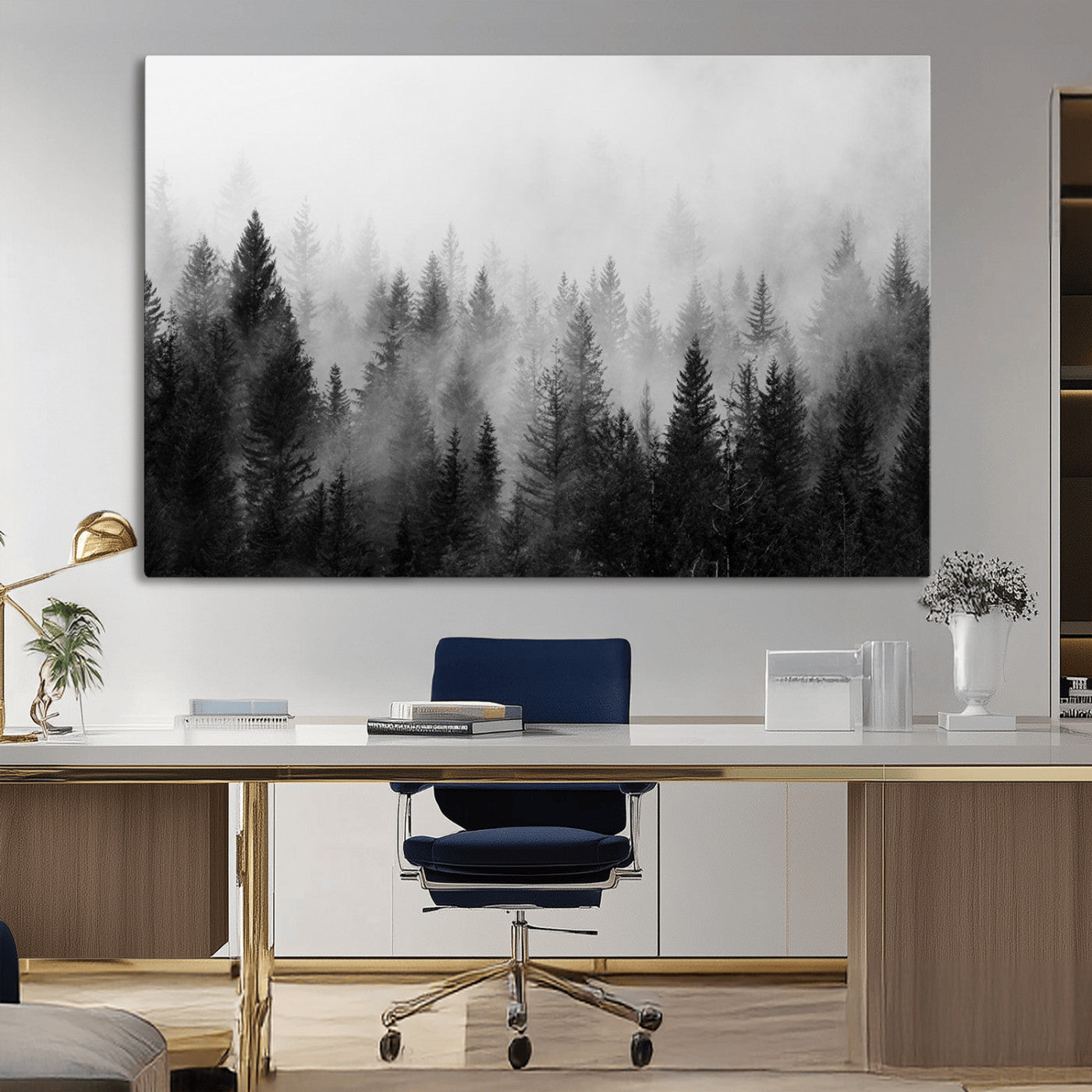 MGV-CV-36X24 - Foggy Black and White Forest Wall Art, 3 Panel Misty Pine Trees Canvas Print for Living Room, Office, or Bedroom, Nature-Inspired Woodland Wall Decor