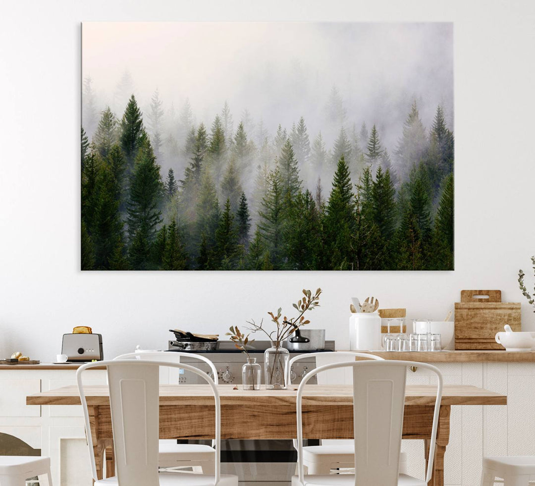 A serene, foggy evergreen forest creates a mysterious atmosphere, ideal for premium canvas wall art.