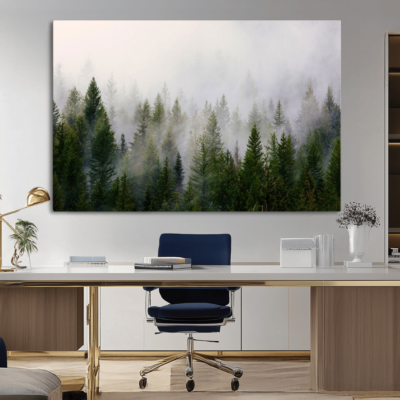 MGV-CV-36X24 - Misty Pine Forest Wall Art Canvas Print | 3 Panel Green Woodland Canvas Print for Living Room, Office, or Dining Room | Nature Foggy Forest Decor