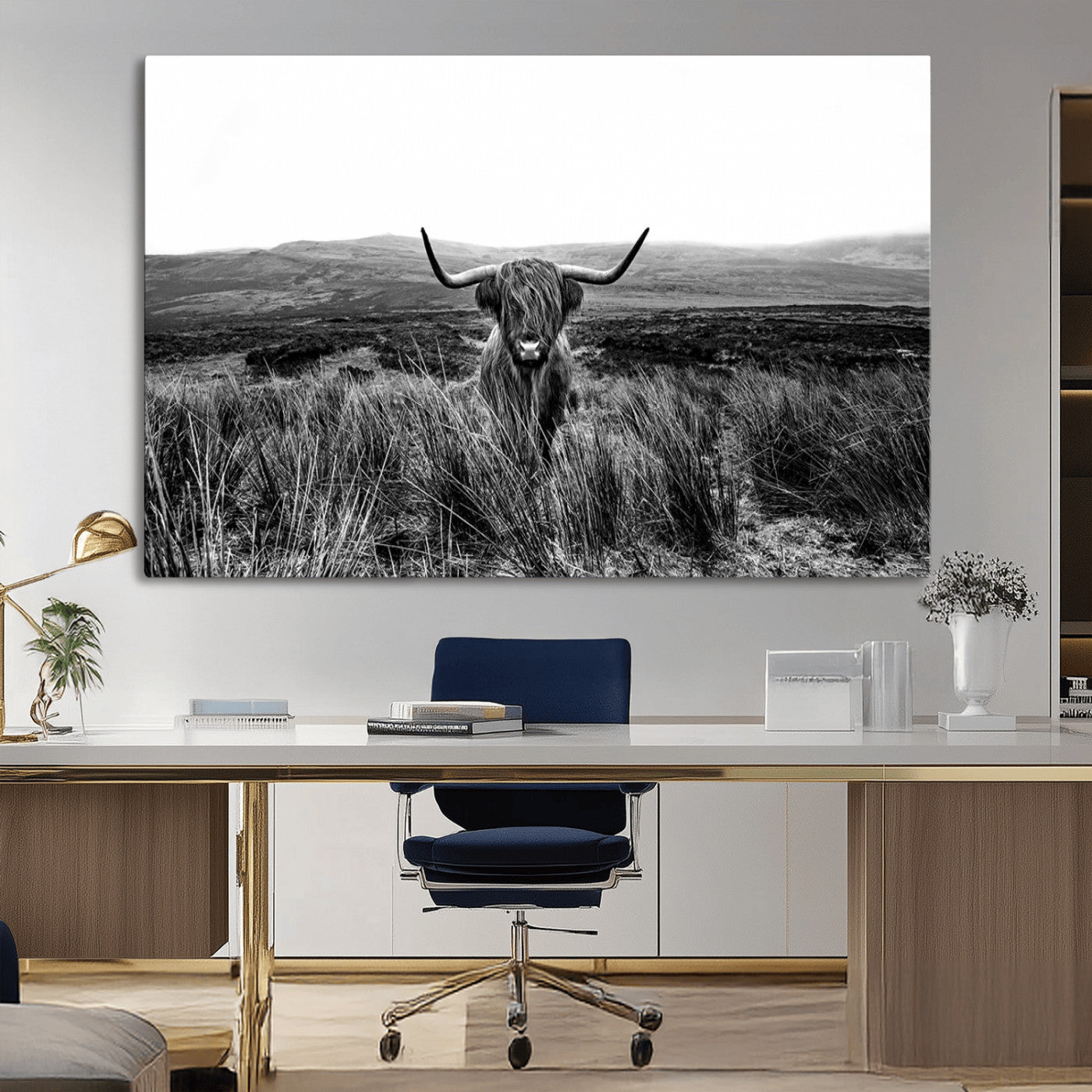 MGV-CV-36X24 - Black and White Highland Cow Canvas Wall Art, Longhorn Triptych Western Decor for Cabin - Farmhouse Wall Decor
