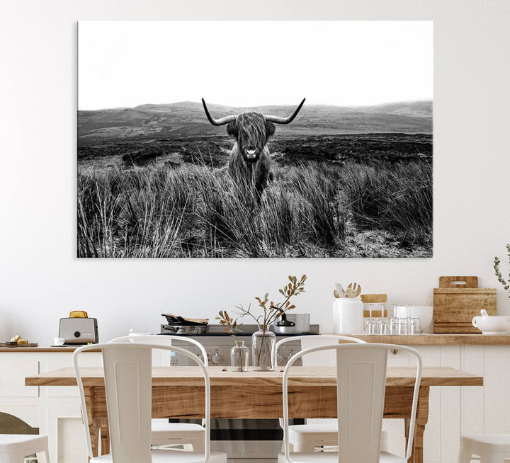 Dining room featuring a Black and White Highland Cow Canvas for a Western-themed decor.