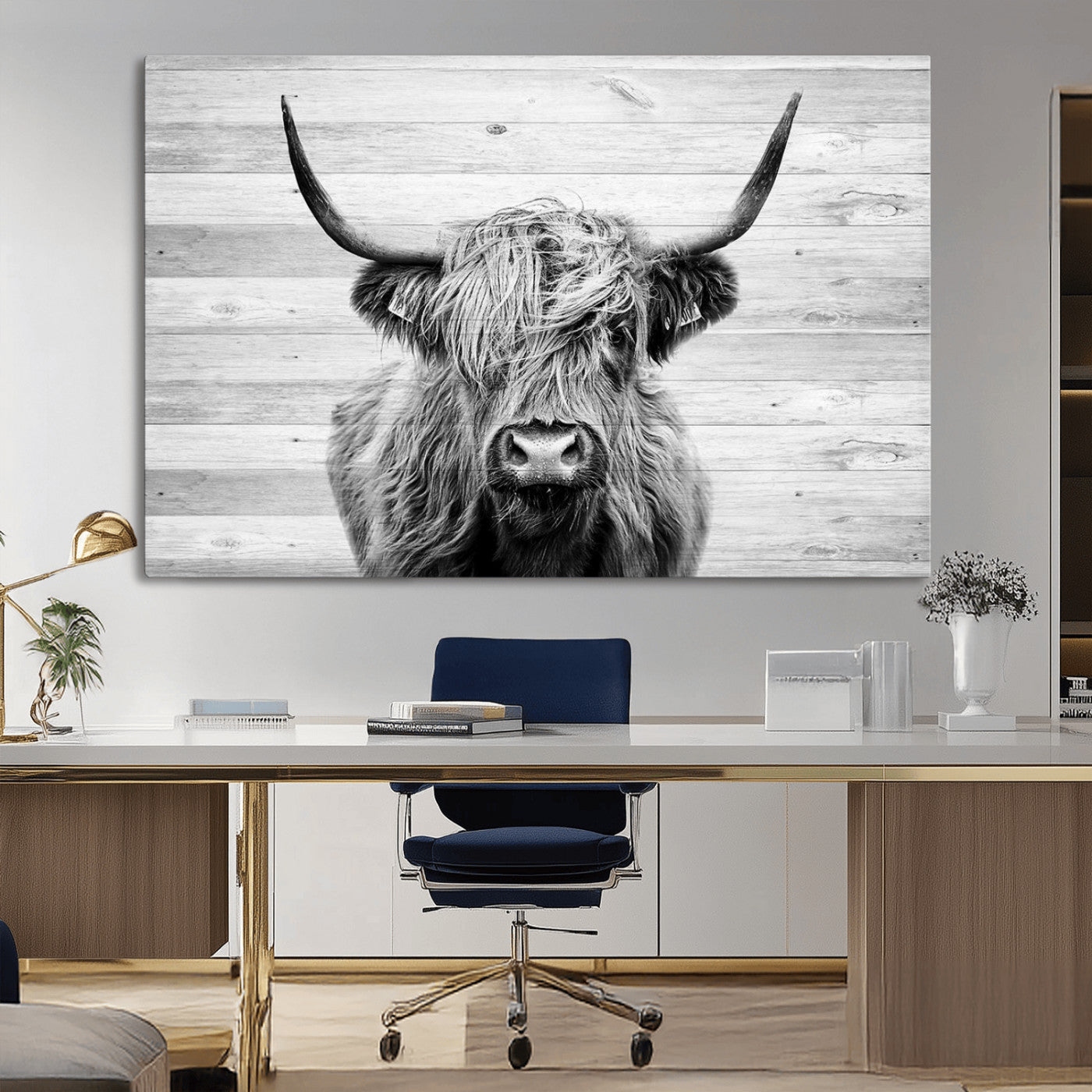 MGV-CV-36X24 - Scottish Highland Cow Cattle Art Print on Wood Background Style