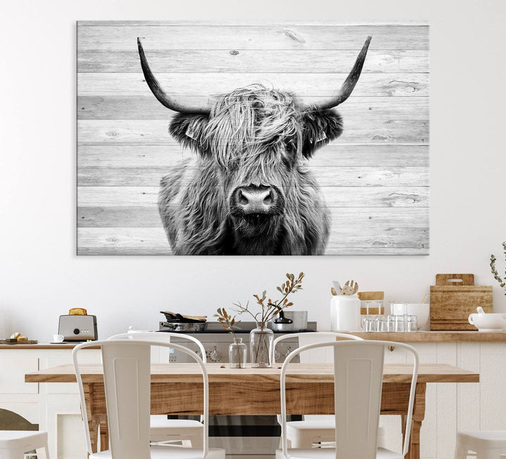 Scottish Highland Cow Cattle Art adds rustic farmhouse charm to the space.