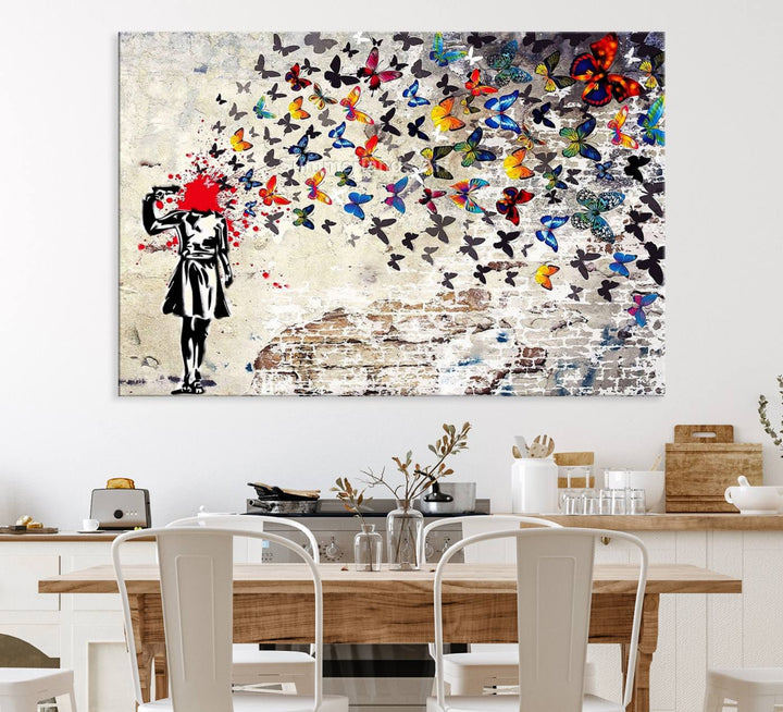 Banksy Art Butterfly Girl Explosion: Vibrant urban graffiti canvas for modern interiors, ready to hang.