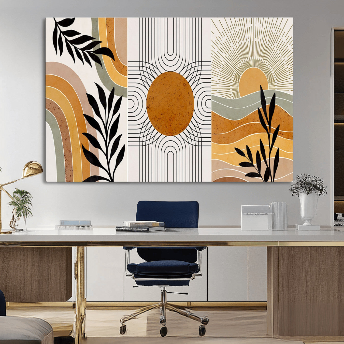 MGV-CV-36X24 - Modern Boho Sun and Leaf Abstract Art – 3-Panel Giclée Canvas for Mid-Century Modern or Bohemian Wall Decor