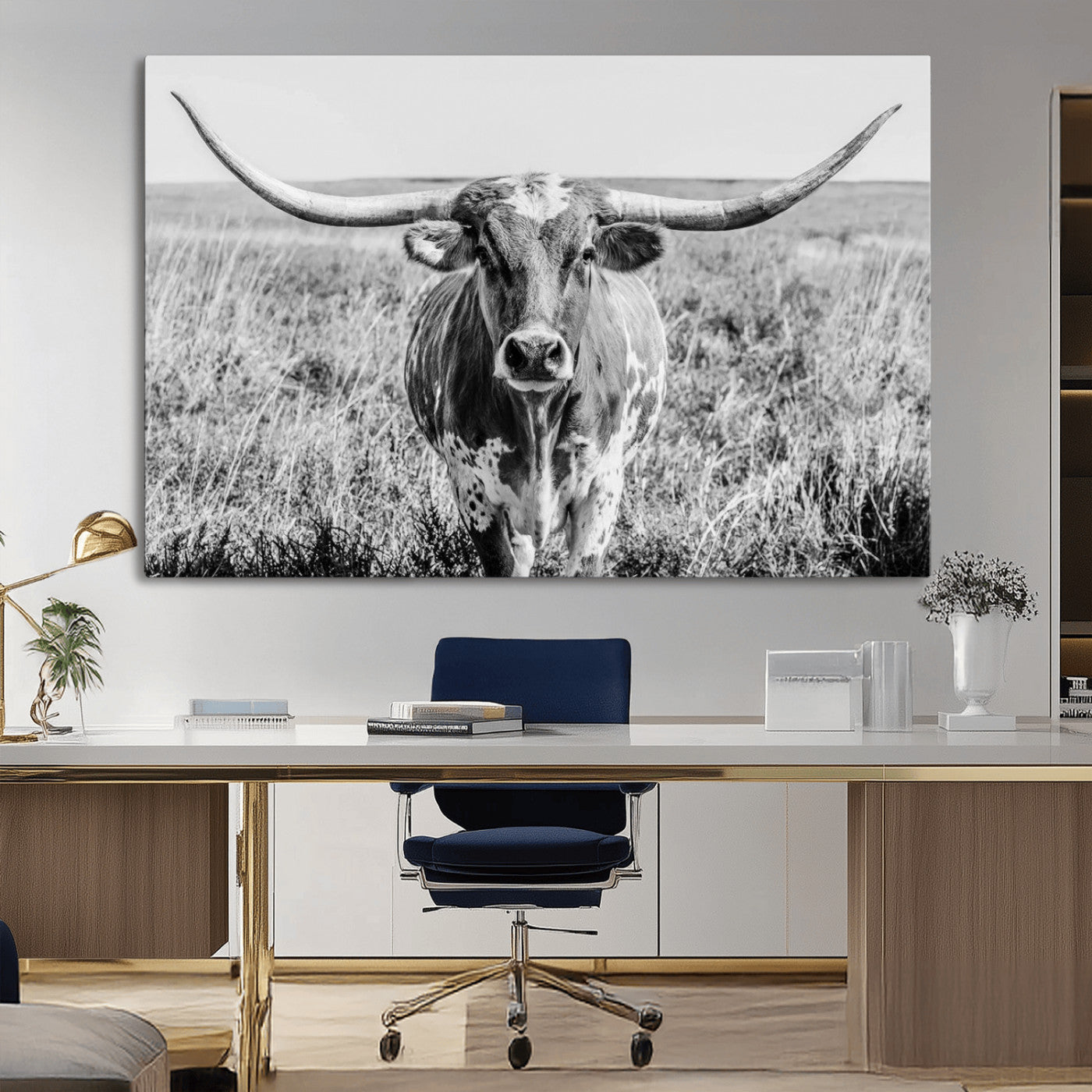 MGV-CV-36X24 - Texas Cow Longhorn Wall Art Canvas Print for Farm House Wall Decor, Farmhouse Wall Art Print