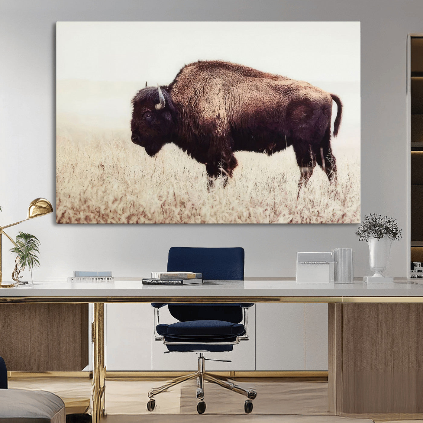 MGV-CV-36X24 - Bison in Field Wall Art Canvas Print For Farmhouse Barn Decor