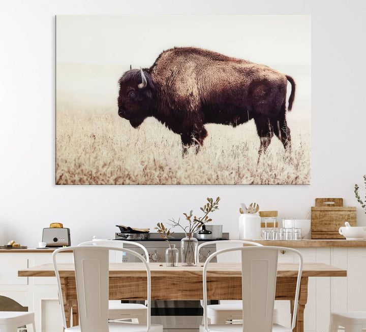 The dining room showcases the Bison in Field canvas print.