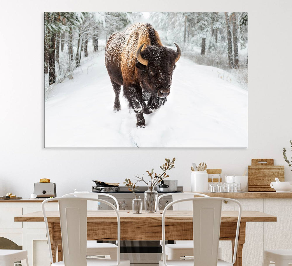 The dining area showcases the Bison Wall Art Canvas Print for Farmhouse.