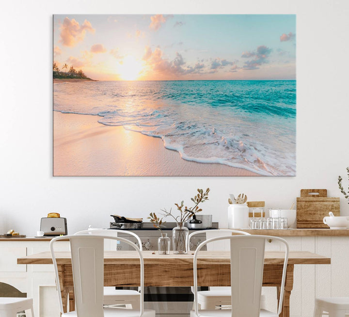 The kitchen features the Beach Sunrise Wall Art, Coastal Sunset Beach Scene.