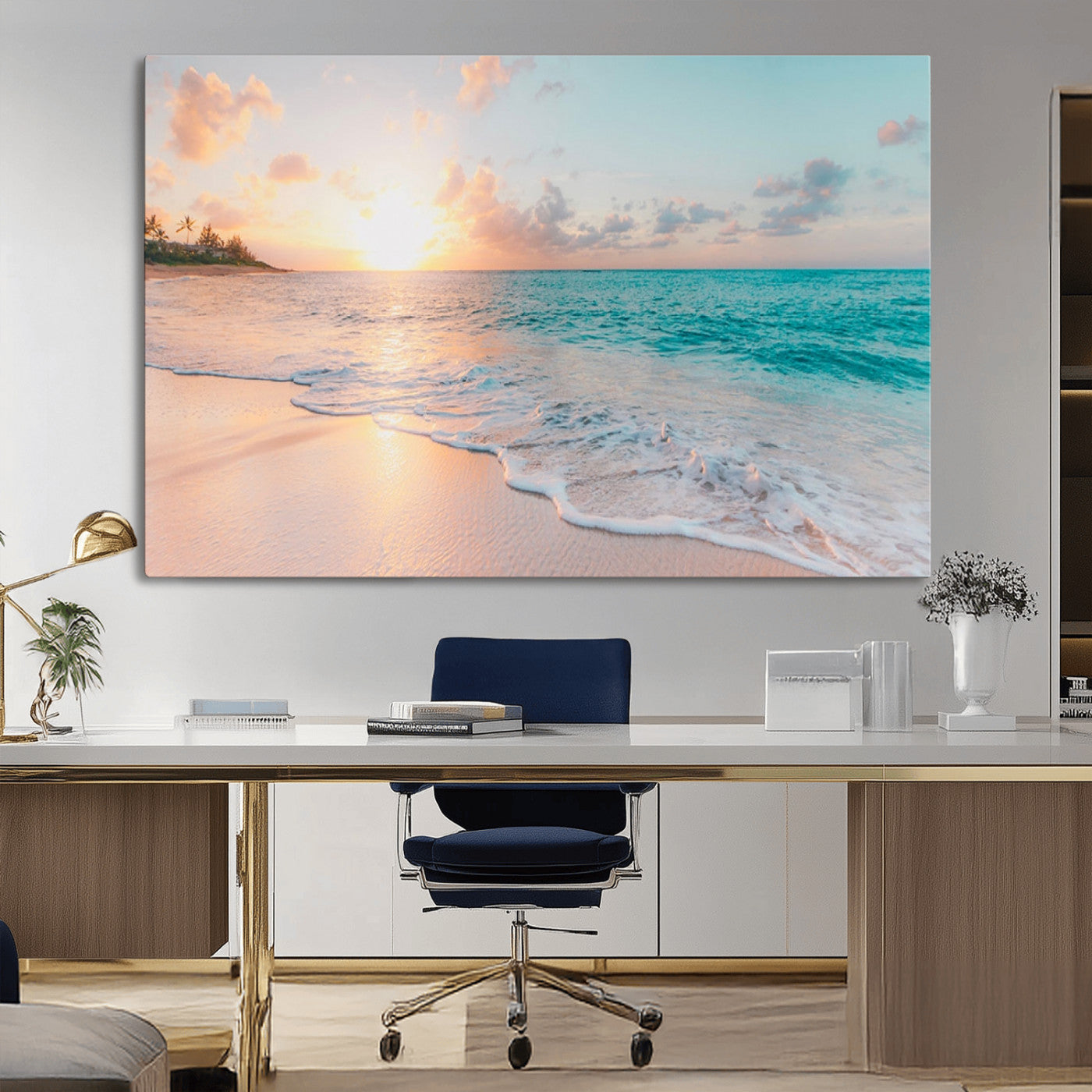 MGV-CV-36X24 - Beach Sunrise Wall Art, Coastal Seascape Canvas Print, Ocean Wave Multi-Panel Giclee, Coastal Sunset Beach Scene for Modern Decor