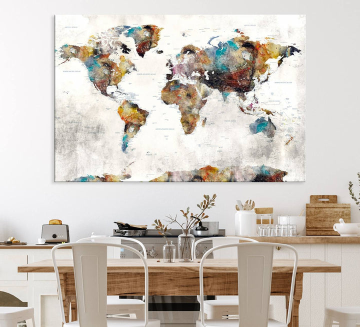 The Colorful World Map Wall Art Canvas Print adds vibrance to the space, ideal for geography lovers.