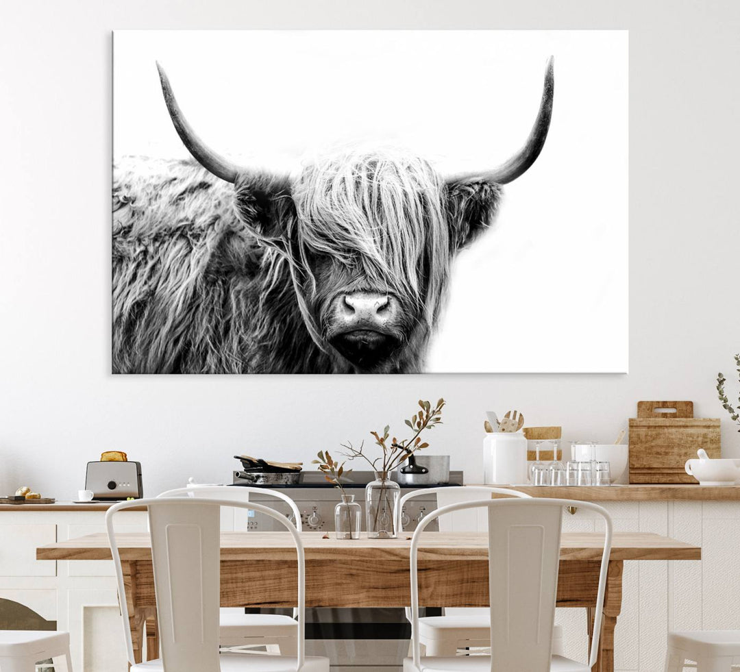 Framed Black and White Scottish Highland Cow Art Print.