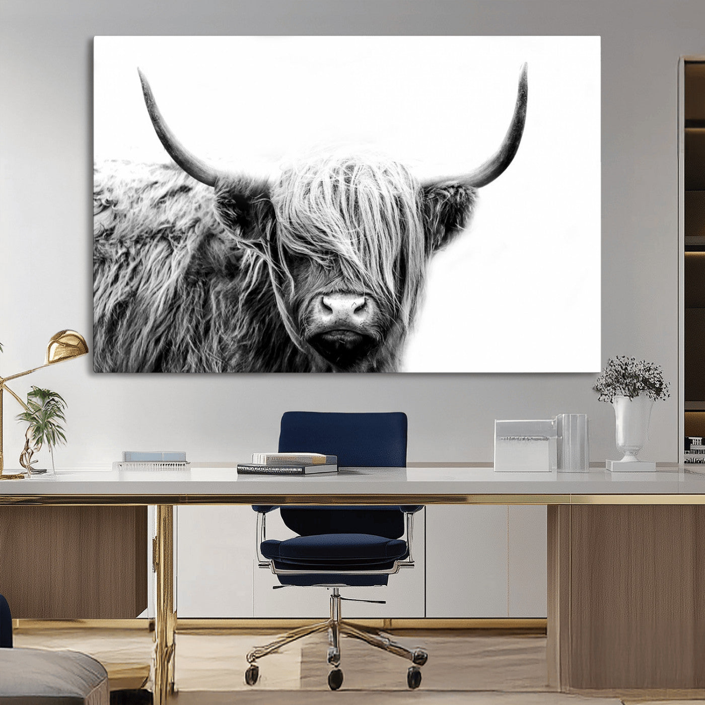 MGV-CV-36X24 - Black White Scottish Highland Cow Cattle Art Print Farmhouse Wall Art Canvas Print