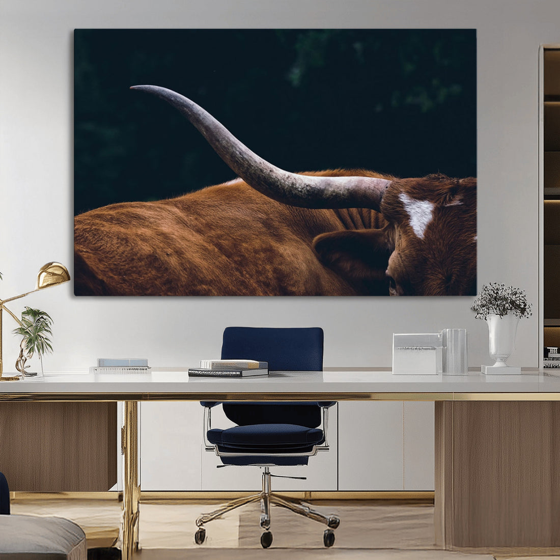 Texas Longhorn Bull Wall Art Canvas Print, Large Framed Canvas Wall Art for Farmhouse Cabin Decor