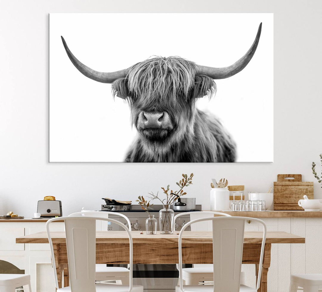 The Grayscale Scottish Highland Cow canvas is a museum-quality piece perfect for your dining room. Enjoy free shipping on this stunning artwork!.