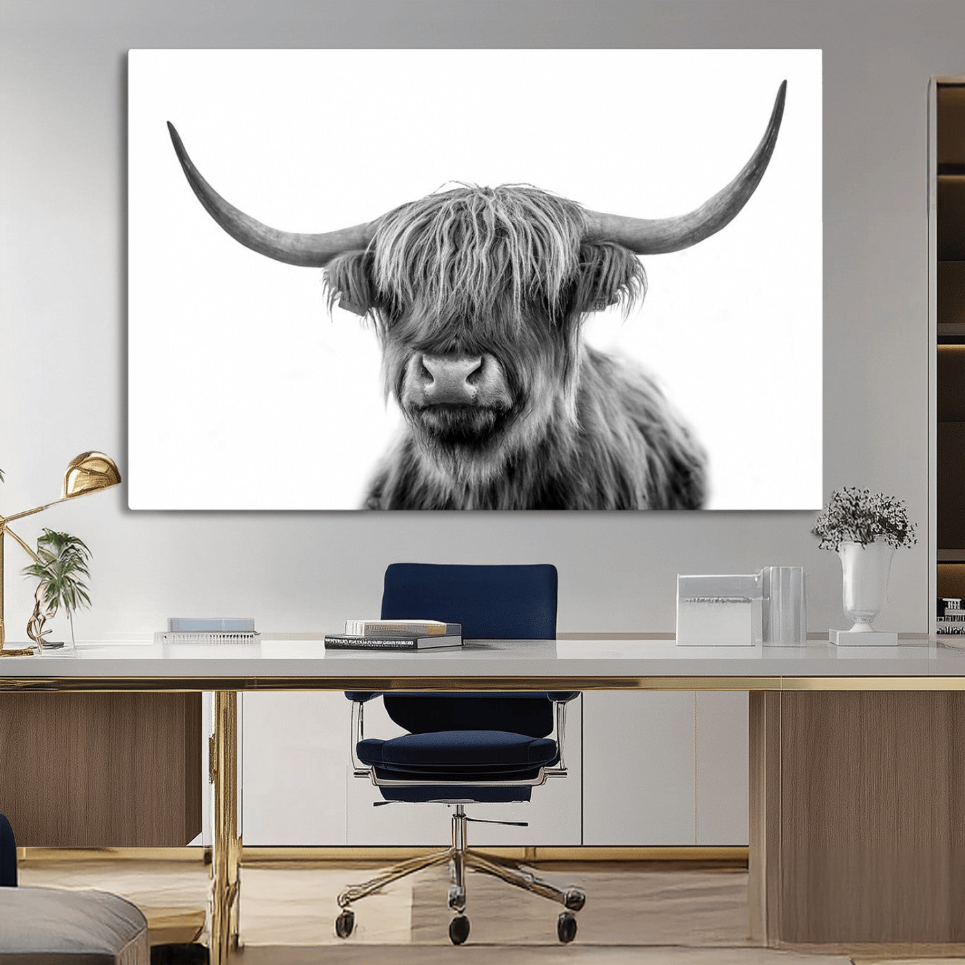 MGV-CV-36X24 - Grayscale Scottish Highland Cow Cattle Art Print Farmhouse Wall Art Canvas Print