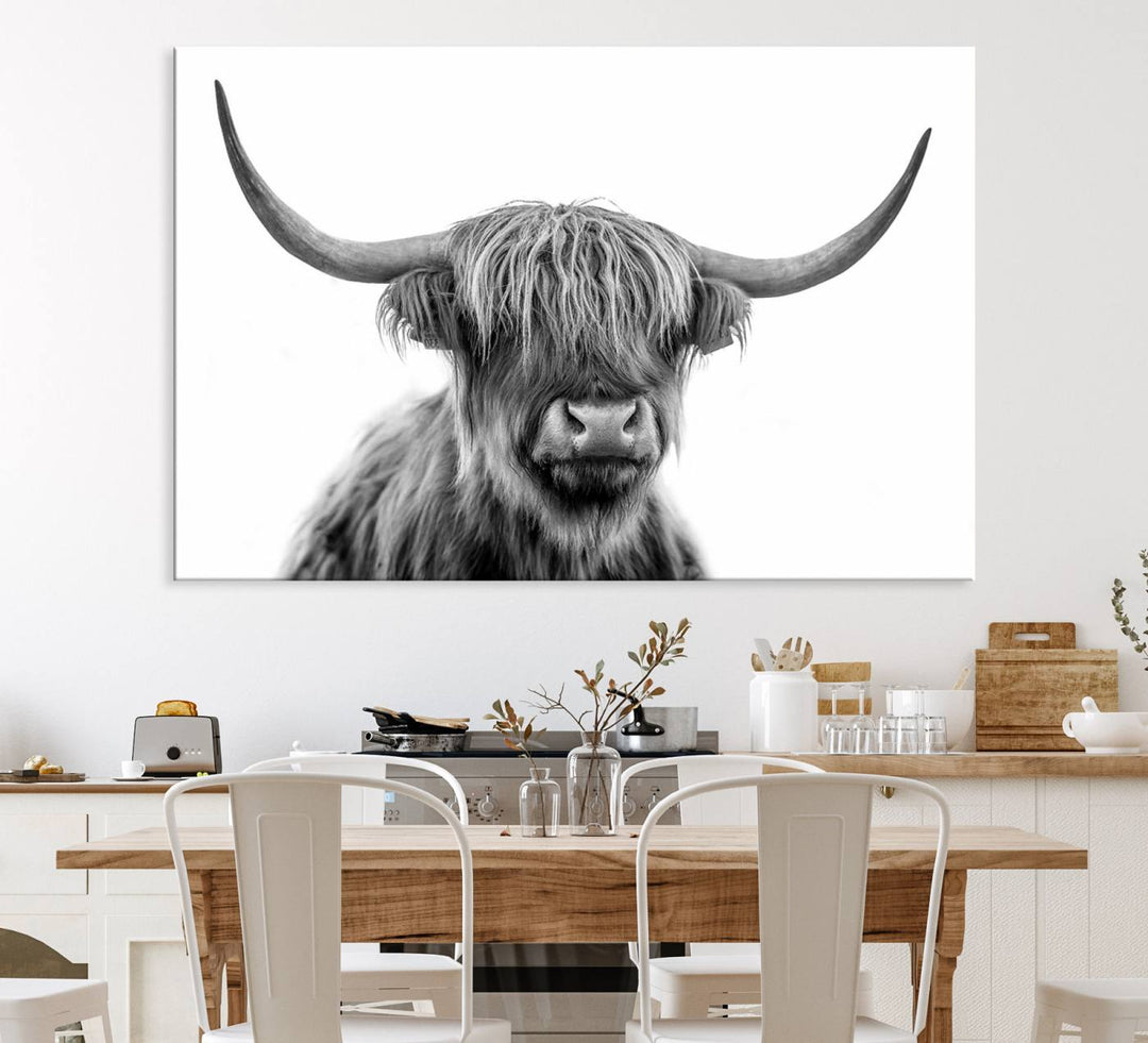 A Scottish Highland Cow Art Canvas adds charm to the farmhouse decor.