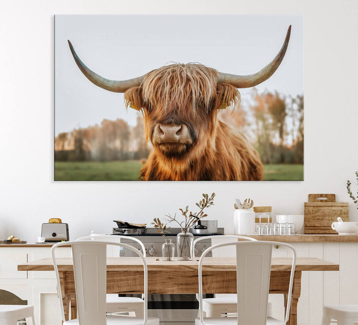 A dining room featuring a Highland Cow Animal Scottish Cattle canvas.