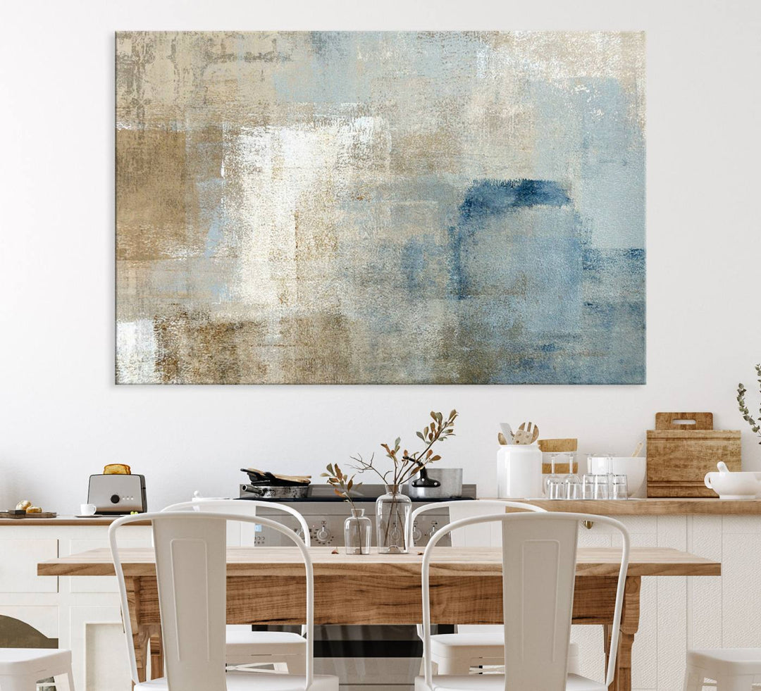 Abstract Blue and Beige Wall Art canvas print set with a modern minimalist aesthetic.