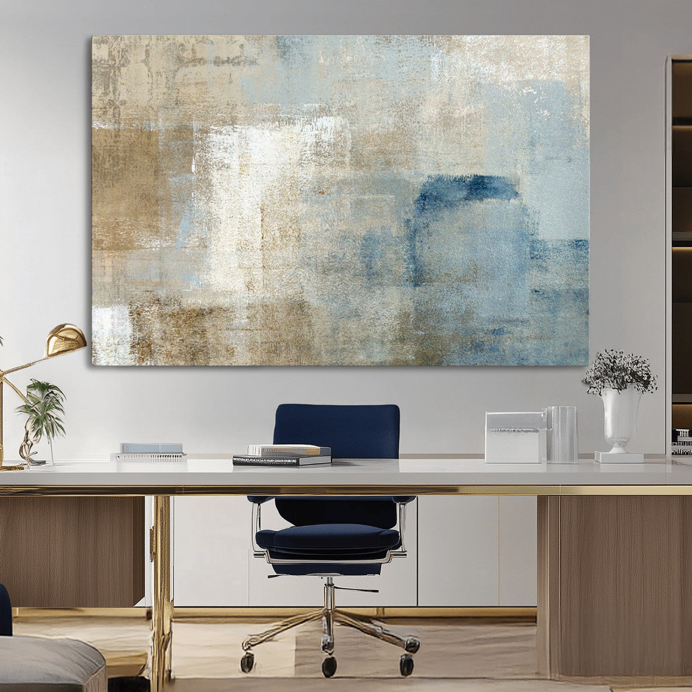 MGV-CV-36X24 - Abstract Blue and Beige Wall Art, Modern Minimalist Canvas Print Set, Giclee Textured Art, Large Multi-Panel Artwork for Living Room